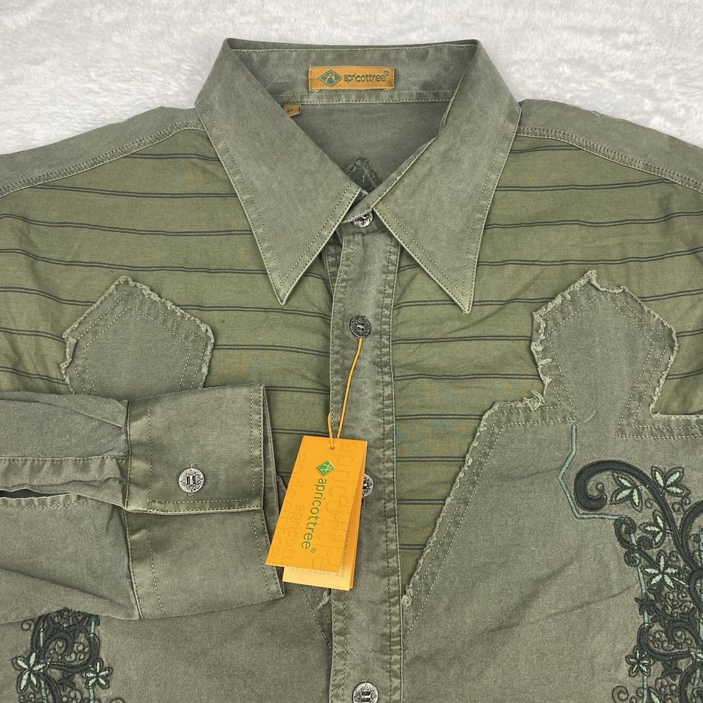 Apricottree Mens XL Army Green Stretch‎ Embroidered Casual Button Up Shirt NWT
